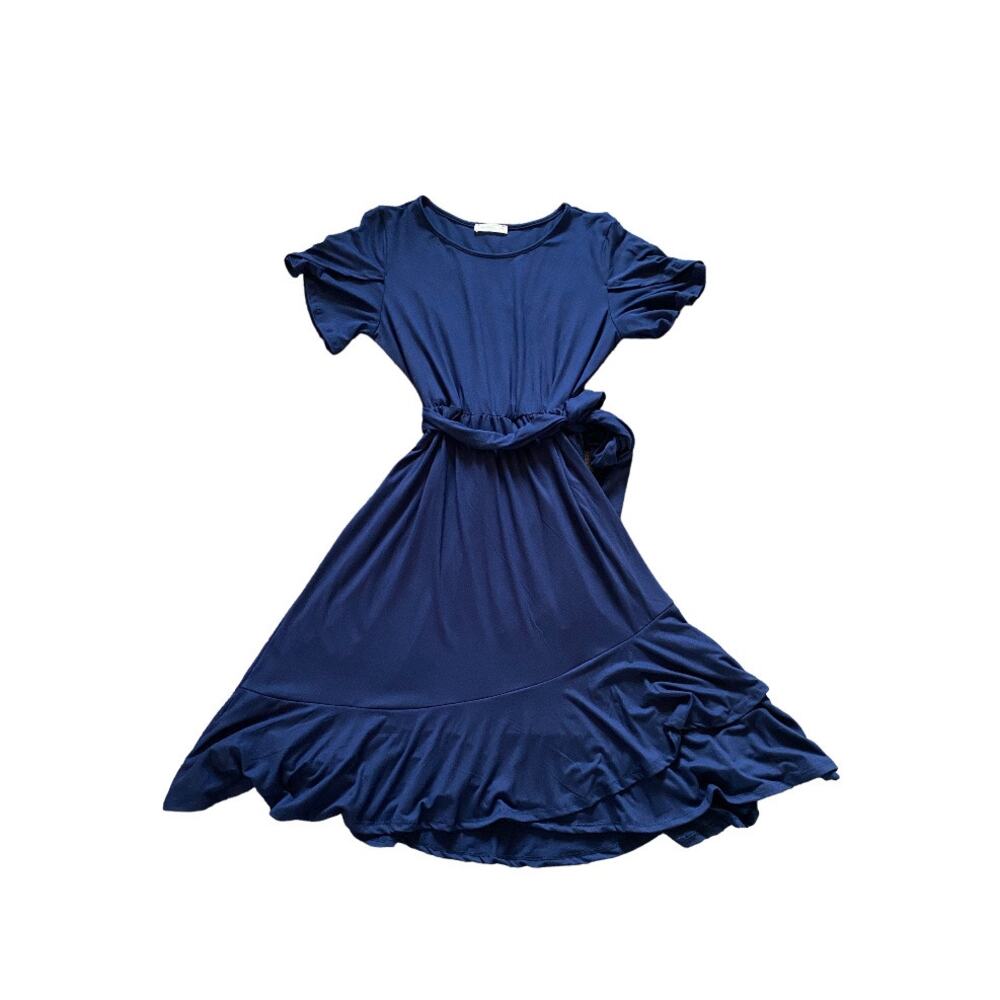REB in J Navy Blue Ruffle Hem Flutter Sleeve Tie Waist Short Sleeved Midi Dress